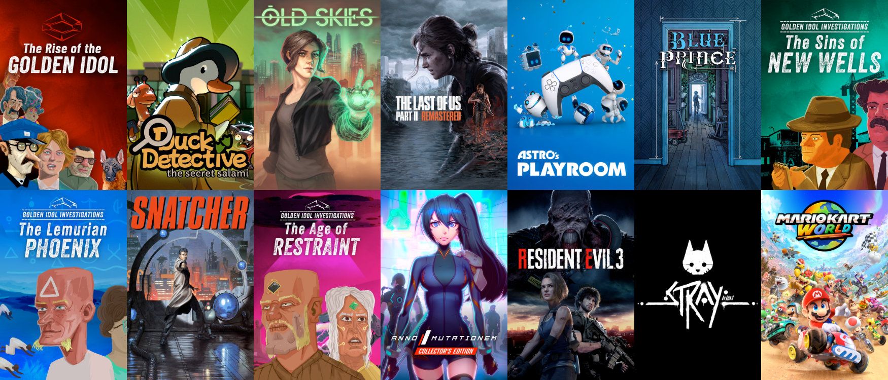 That's a lot of Golden Idol! A 7x2 grid of game covers from the every game I finished in 2025.